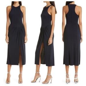 Cinq a Sept Women Lezlie Jersey Dress 12 Navy Drop Waist Midi Side Slit Cocktail